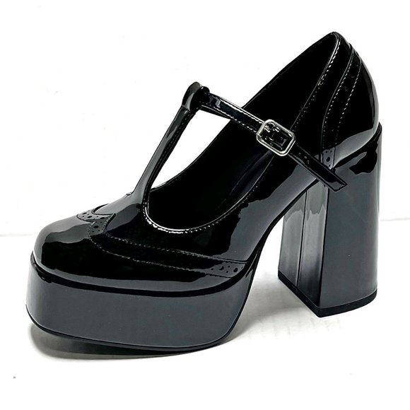 Black Patent T-Strap Mary Jane Platform Block Heel Pumps - Picture 2 of 5